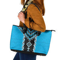 Sky Blue Niho Taniwha Mix Poutama Leather Tote Bag Unique Taniko Aotearoa LT01 Sky Blue - Polynesian Pride
