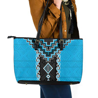 Sky Blue Niho Taniwha Mix Poutama Leather Tote Bag Unique Taniko Aotearoa LT01 - Polynesian Pride