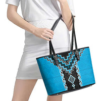 Sky Blue Niho Taniwha Mix Poutama Leather Tote Bag Unique Taniko Aotearoa LT01 - Polynesian Pride