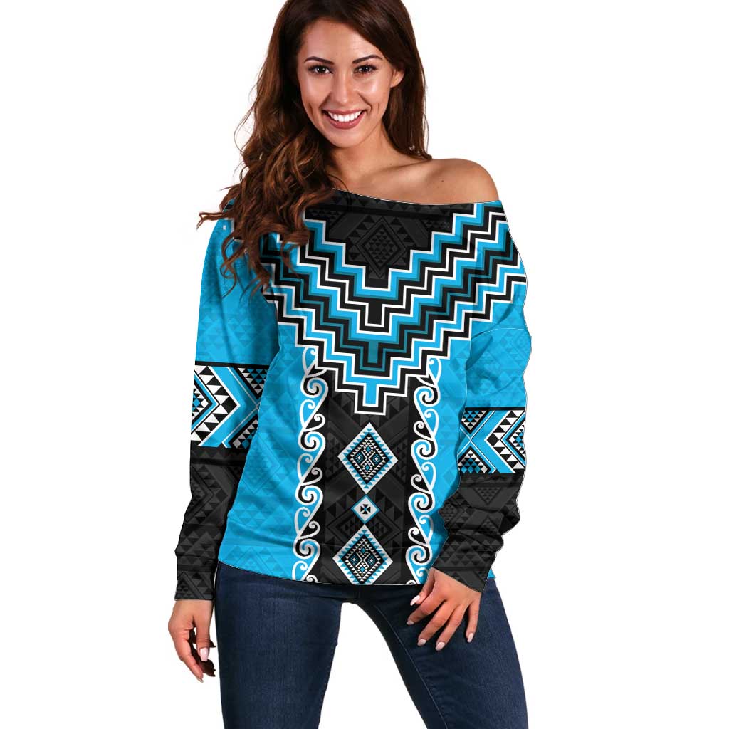 Sky Blue Niho Taniwha Mix Poutama Off Shoulder Sweater Unique Taniko Aotearoa LT01 Women Sky Blue - Polynesian Pride