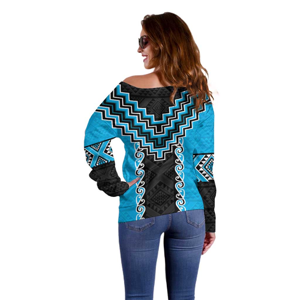 Sky Blue Niho Taniwha Mix Poutama Off Shoulder Sweater Unique Taniko Aotearoa LT01 - Polynesian Pride
