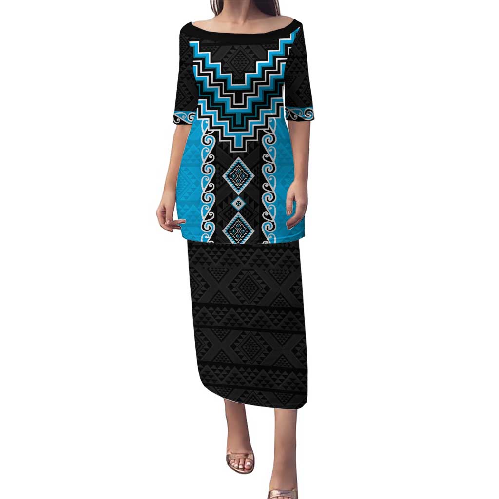Sky Blue Niho Taniwha Mix Poutama Puletasi Unique Taniko Aotearoa LT01 Long Dress Sky Blue - Polynesian Pride