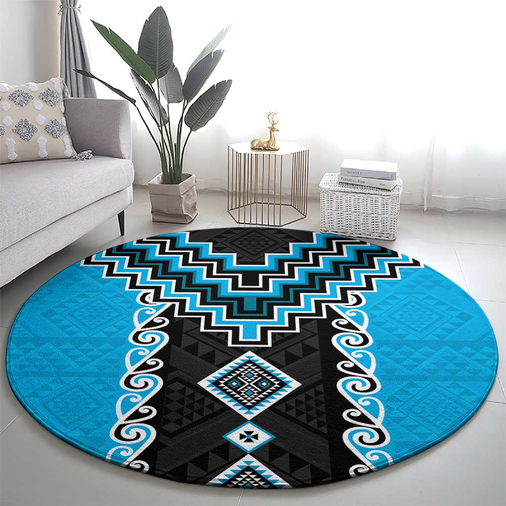 Sky Blue Niho Taniwha Mix Poutama Round Carpet Unique Taniko Aotearoa LT01 - Polynesian Pride