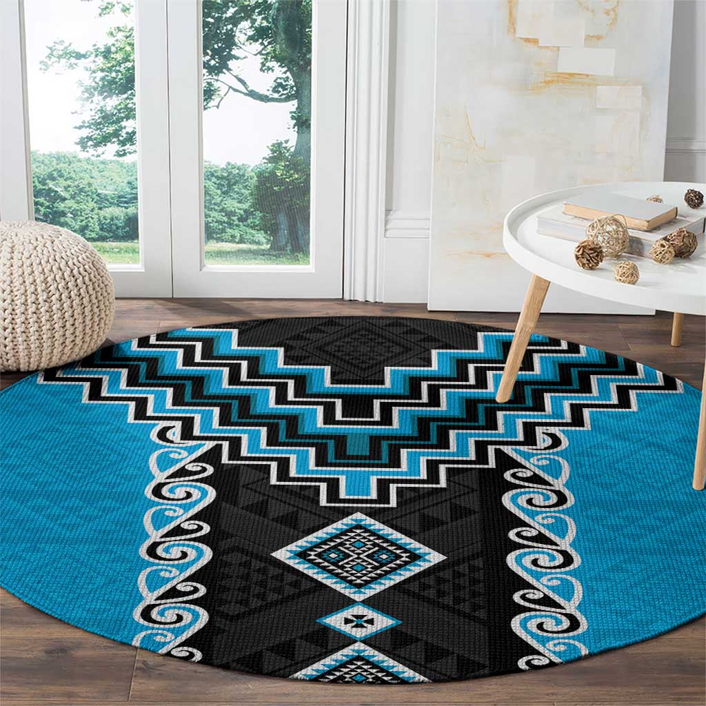 Sky Blue Niho Taniwha Mix Poutama Round Carpet Unique Taniko Aotearoa LT01 - Polynesian Pride