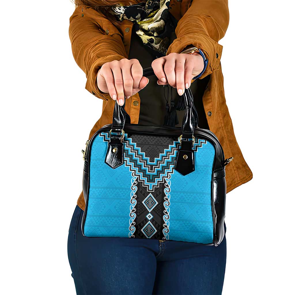 Sky Blue Niho Taniwha Mix Poutama Shoulder Handbag Unique Taniko Aotearoa LT01 One Size Sky Blue - Polynesian Pride