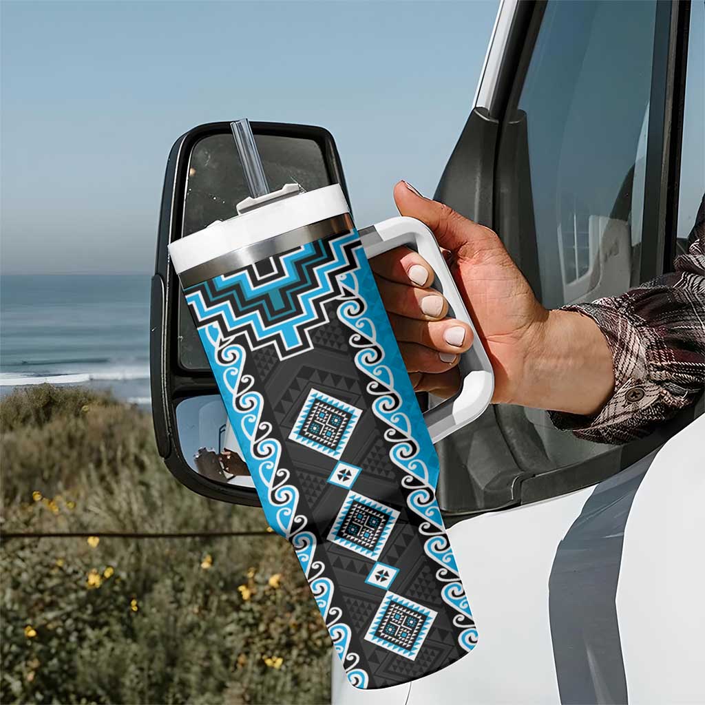 Sky Blue Niho Taniwha Mix Poutama Tumbler With Handle Unique Taniko Aotearoa LT01 - Polynesian Pride