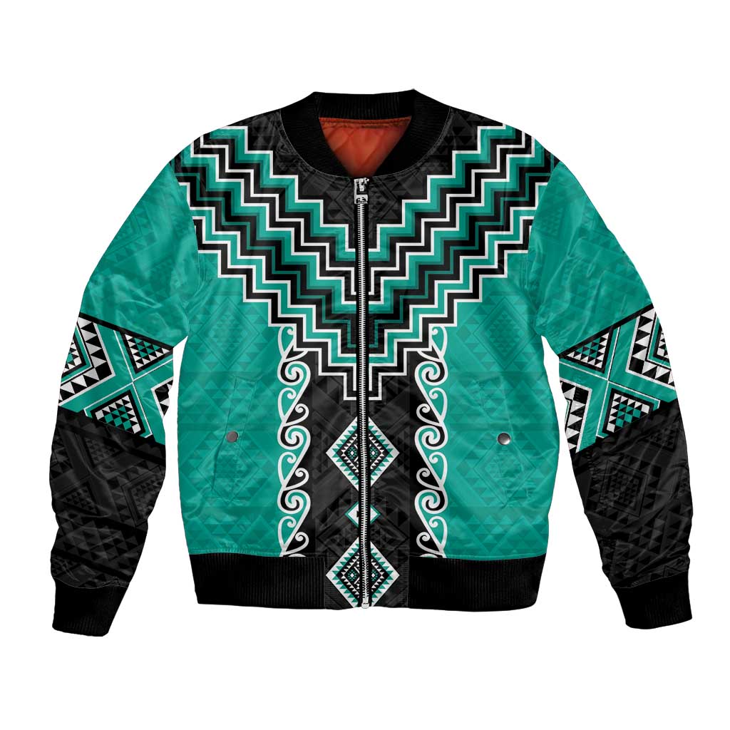Teal Niho Taniwha Mix Poutama Bomber Jacket Unique Taniko Aotearoa LT01 Unisex Teal - Polynesian Pride
