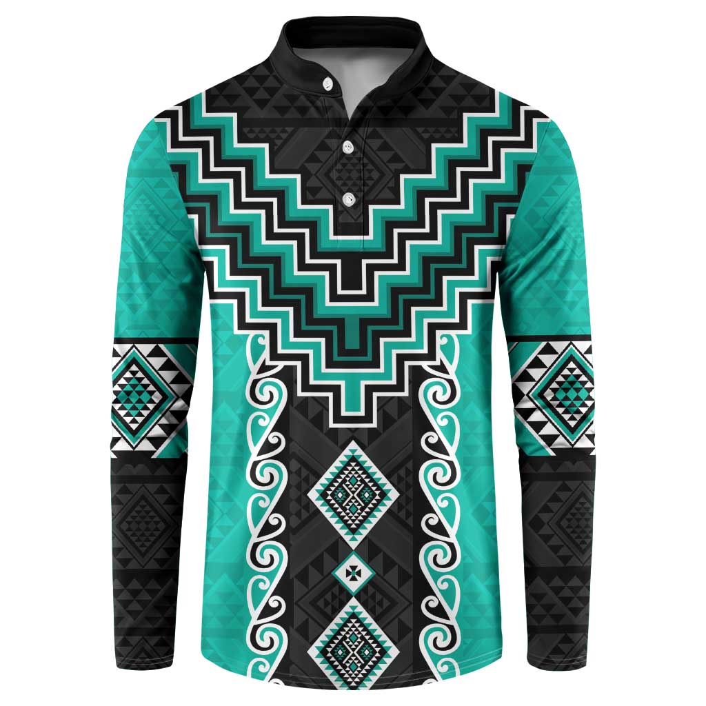 Teal Niho Taniwha Mix Poutama Button Sweatshirt Unique Taniko Aotearoa LT01 Teal - Polynesian Pride