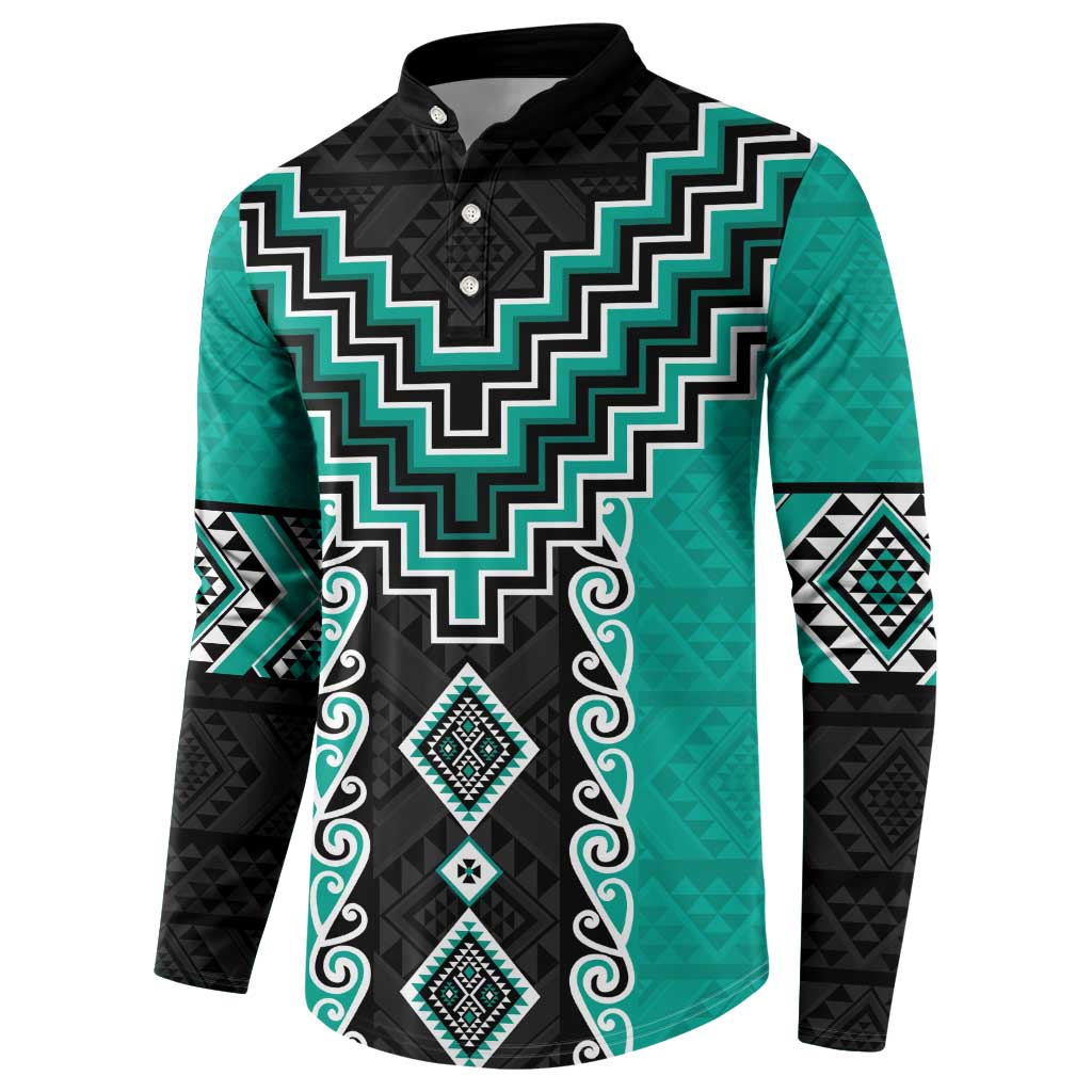 Teal Niho Taniwha Mix Poutama Button Sweatshirt Unique Taniko Aotearoa LT01 - Polynesian Pride