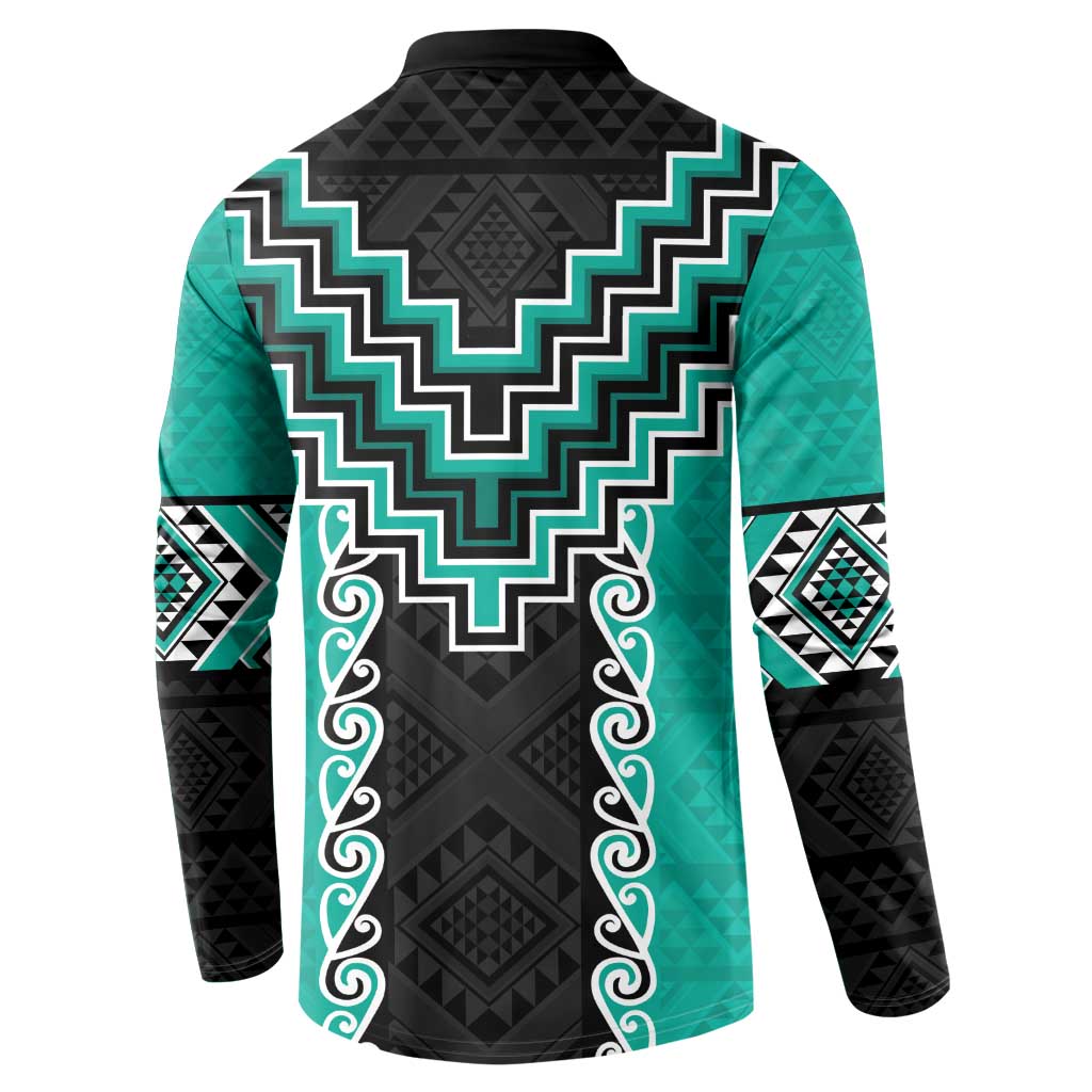 Teal Niho Taniwha Mix Poutama Button Sweatshirt Unique Taniko Aotearoa LT01 - Polynesian Pride
