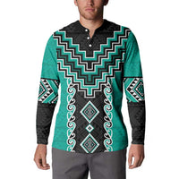 Teal Niho Taniwha Mix Poutama Button Sweatshirt Unique Taniko Aotearoa LT01 - Polynesian Pride