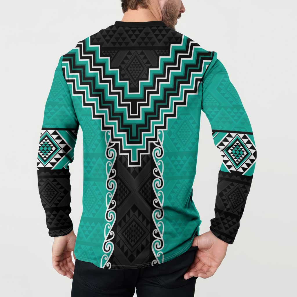 Teal Niho Taniwha Mix Poutama Button Sweatshirt Unique Taniko Aotearoa LT01 - Polynesian Pride
