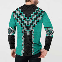 Teal Niho Taniwha Mix Poutama Button Sweatshirt Unique Taniko Aotearoa LT01 - Polynesian Pride