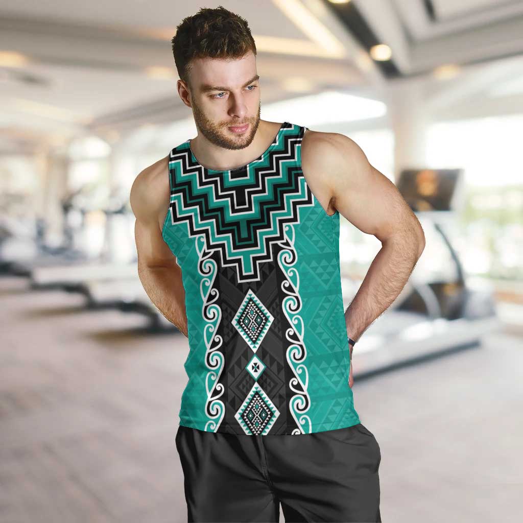 Teal Niho Taniwha Mix Poutama Men Tank Top Unique Taniko Aotearoa