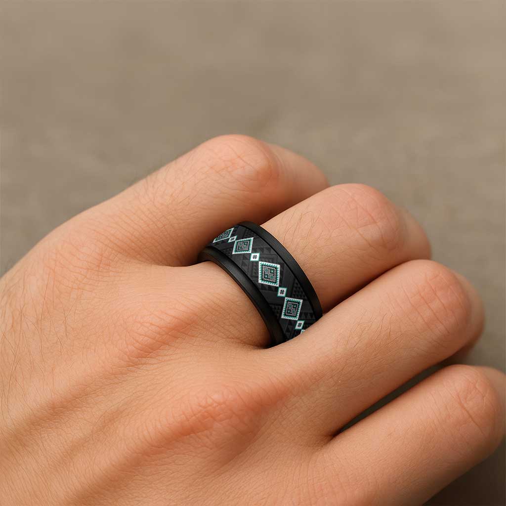 Teal Niho Taniwha Mix Poutama Spinner Ring Unique Taniko Aotearoa LT01 - Polynesian Pride