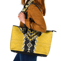 Yellow Niho Taniwha Mix Poutama Leather Tote Bag Unique Taniko Aotearoa LT01 Yellow - Polynesian Pride