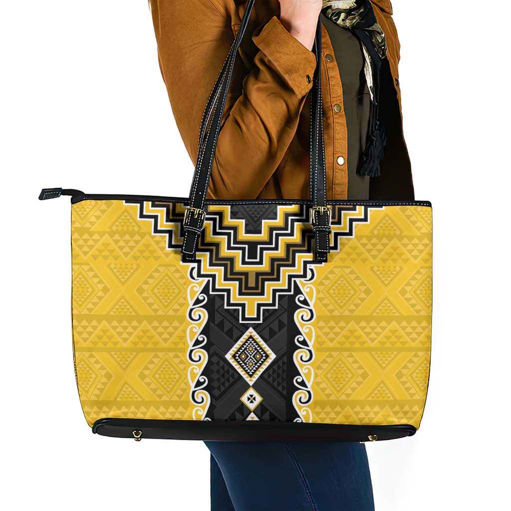 Yellow Niho Taniwha Mix Poutama Leather Tote Bag Unique Taniko Aotearoa LT01 - Polynesian Pride