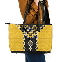 Yellow Niho Taniwha Mix Poutama Leather Tote Bag Unique Taniko Aotearoa LT01 - Polynesian Pride