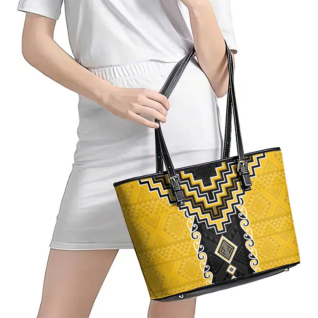 Yellow Niho Taniwha Mix Poutama Leather Tote Bag Unique Taniko Aotearoa LT01 - Polynesian Pride