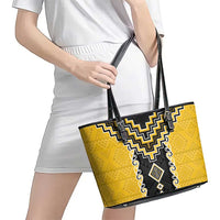 Yellow Niho Taniwha Mix Poutama Leather Tote Bag Unique Taniko Aotearoa LT01 - Polynesian Pride