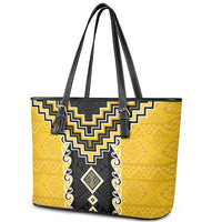 Yellow Niho Taniwha Mix Poutama Leather Tote Bag Unique Taniko Aotearoa LT01 - Polynesian Pride