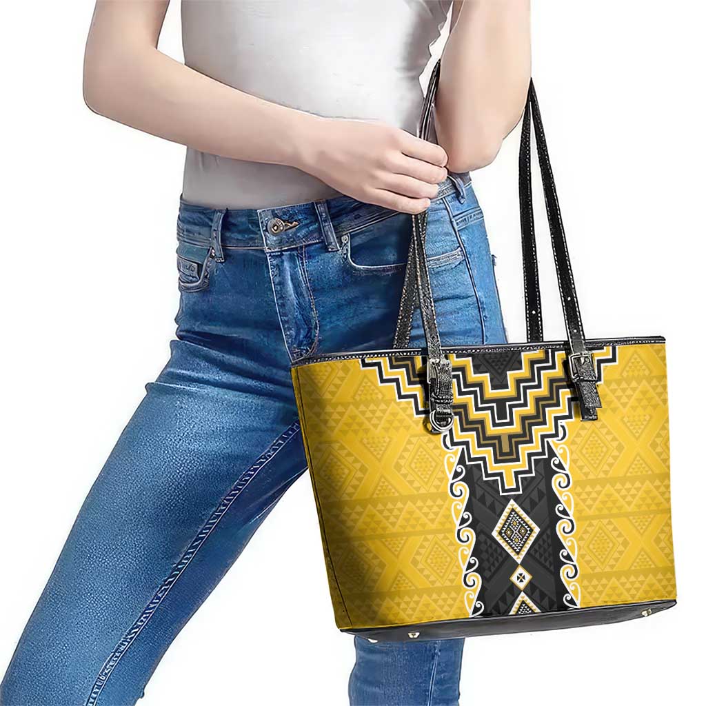Yellow Niho Taniwha Mix Poutama Leather Tote Bag Unique Taniko Aotearoa LT01 - Polynesian Pride