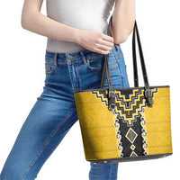Yellow Niho Taniwha Mix Poutama Leather Tote Bag Unique Taniko Aotearoa LT01 - Polynesian Pride