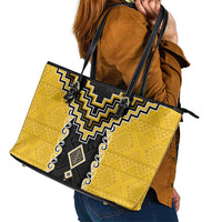 Yellow Niho Taniwha Mix Poutama Leather Tote Bag Unique Taniko Aotearoa LT01 - Polynesian Pride