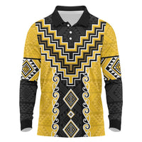 Yellow Niho Taniwha Mix Poutama Long Sleeve Polo Shirt Unique Taniko Aotearoa LT01 Yellow - Polynesian Pride
