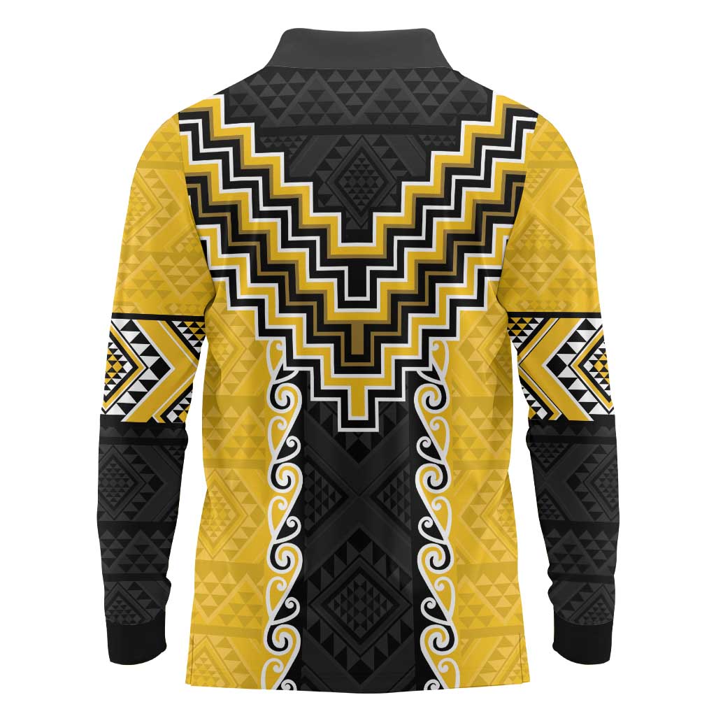 Yellow Niho Taniwha Mix Poutama Long Sleeve Polo Shirt Unique Taniko Aotearoa LT01 - Polynesian Pride