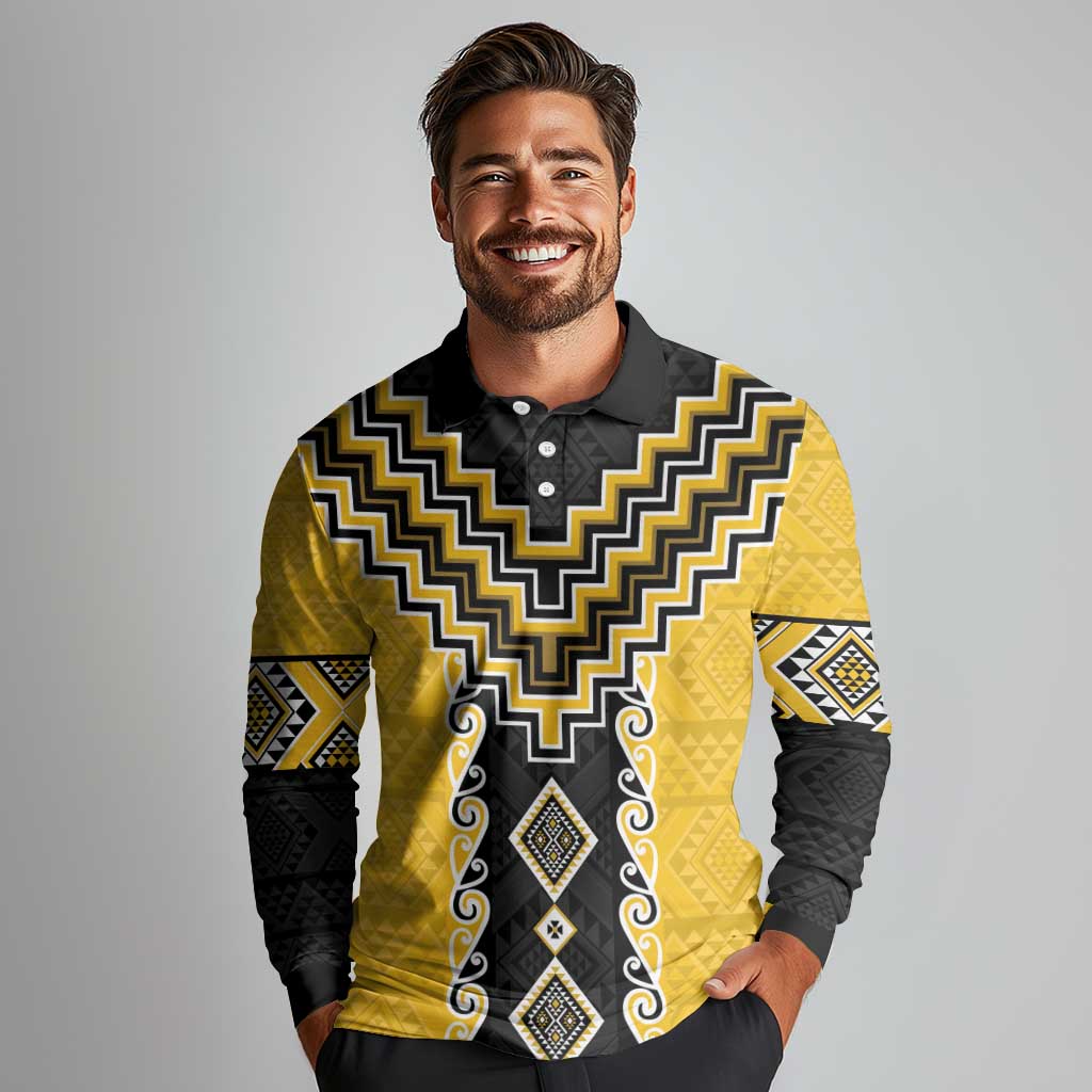 Yellow Niho Taniwha Mix Poutama Long Sleeve Polo Shirt Unique Taniko Aotearoa LT01 - Polynesian Pride