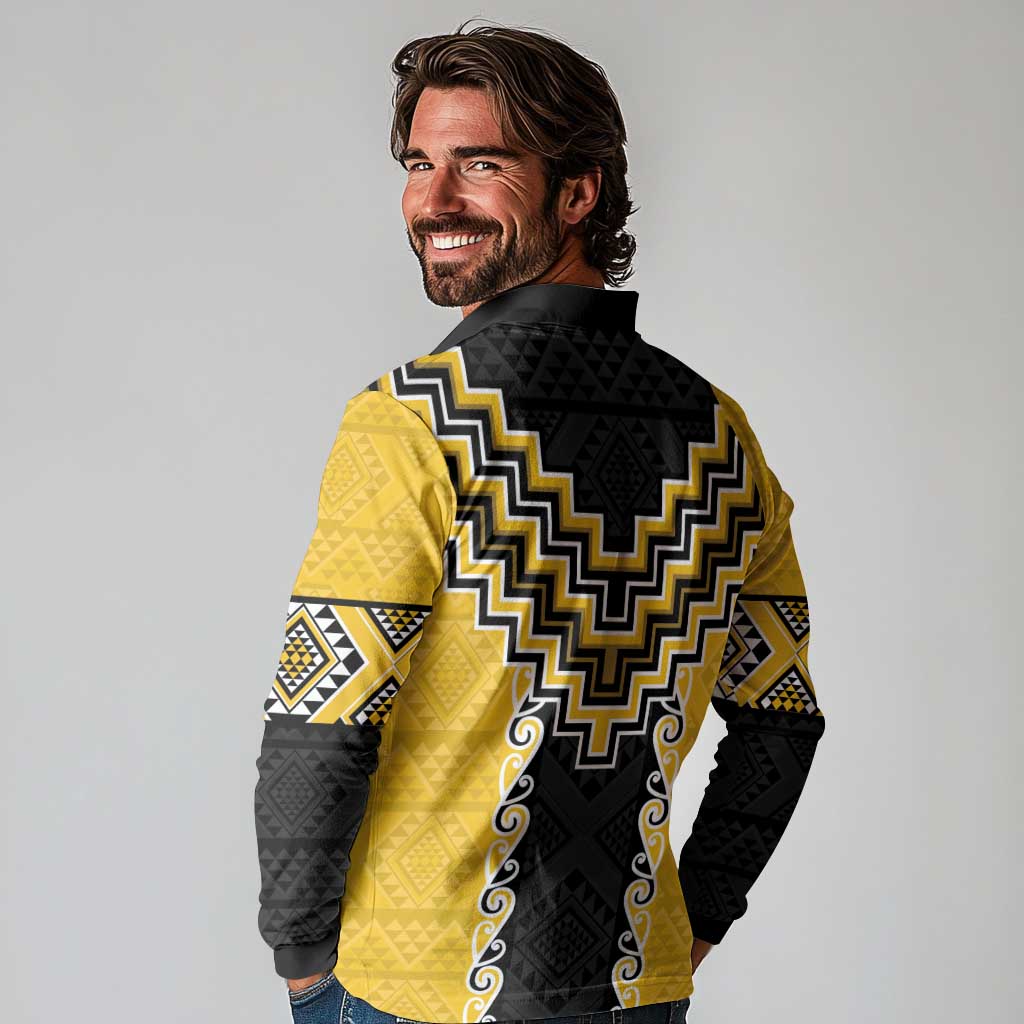 Yellow Niho Taniwha Mix Poutama Long Sleeve Polo Shirt Unique Taniko Aotearoa LT01 - Polynesian Pride