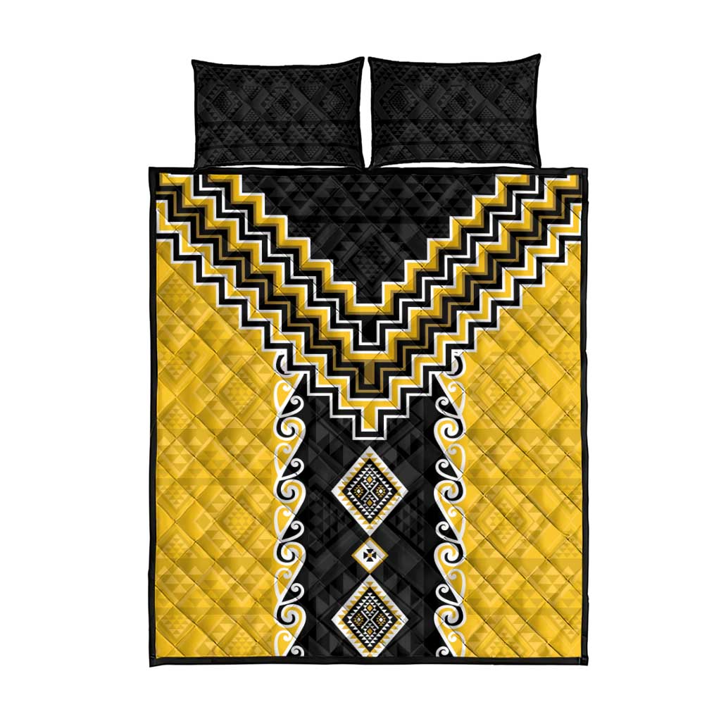 Yellow Niho Taniwha Mix Poutama Quilt Bed Set Unique Taniko Aotearoa LT01 - Polynesian Pride