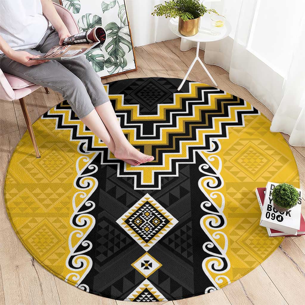 Yellow Niho Taniwha Mix Poutama Round Carpet Unique Taniko Aotearoa LT01 - Polynesian Pride