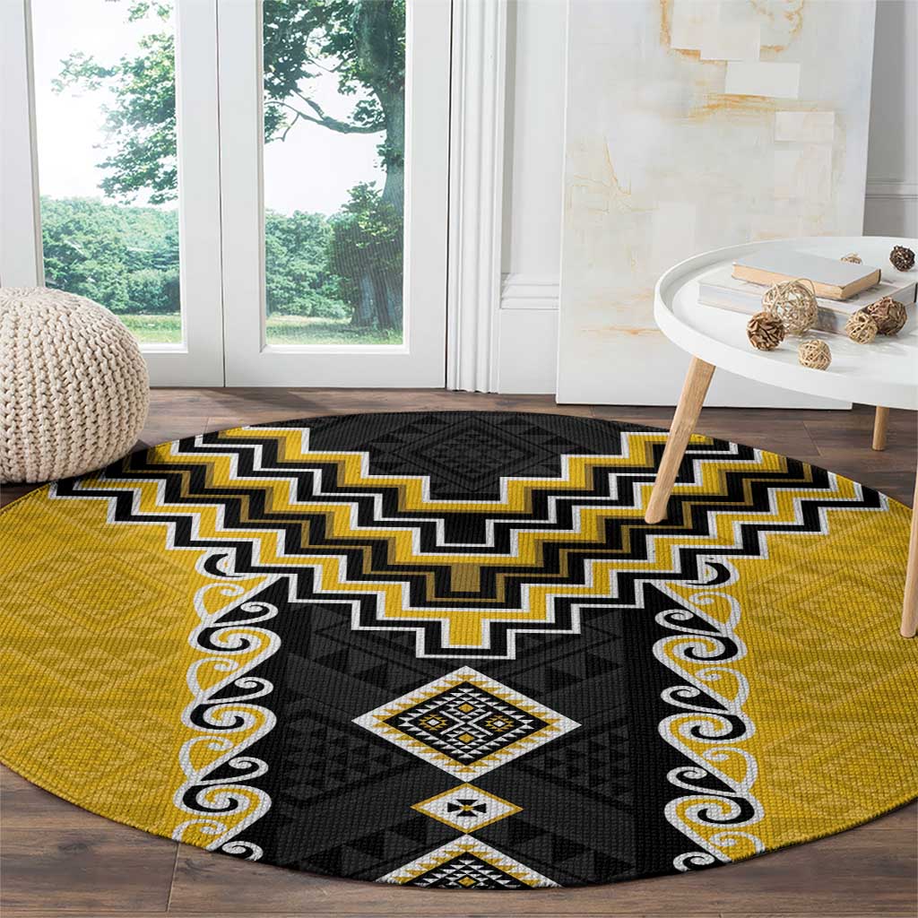 Yellow Niho Taniwha Mix Poutama Round Carpet Unique Taniko Aotearoa LT01 - Polynesian Pride