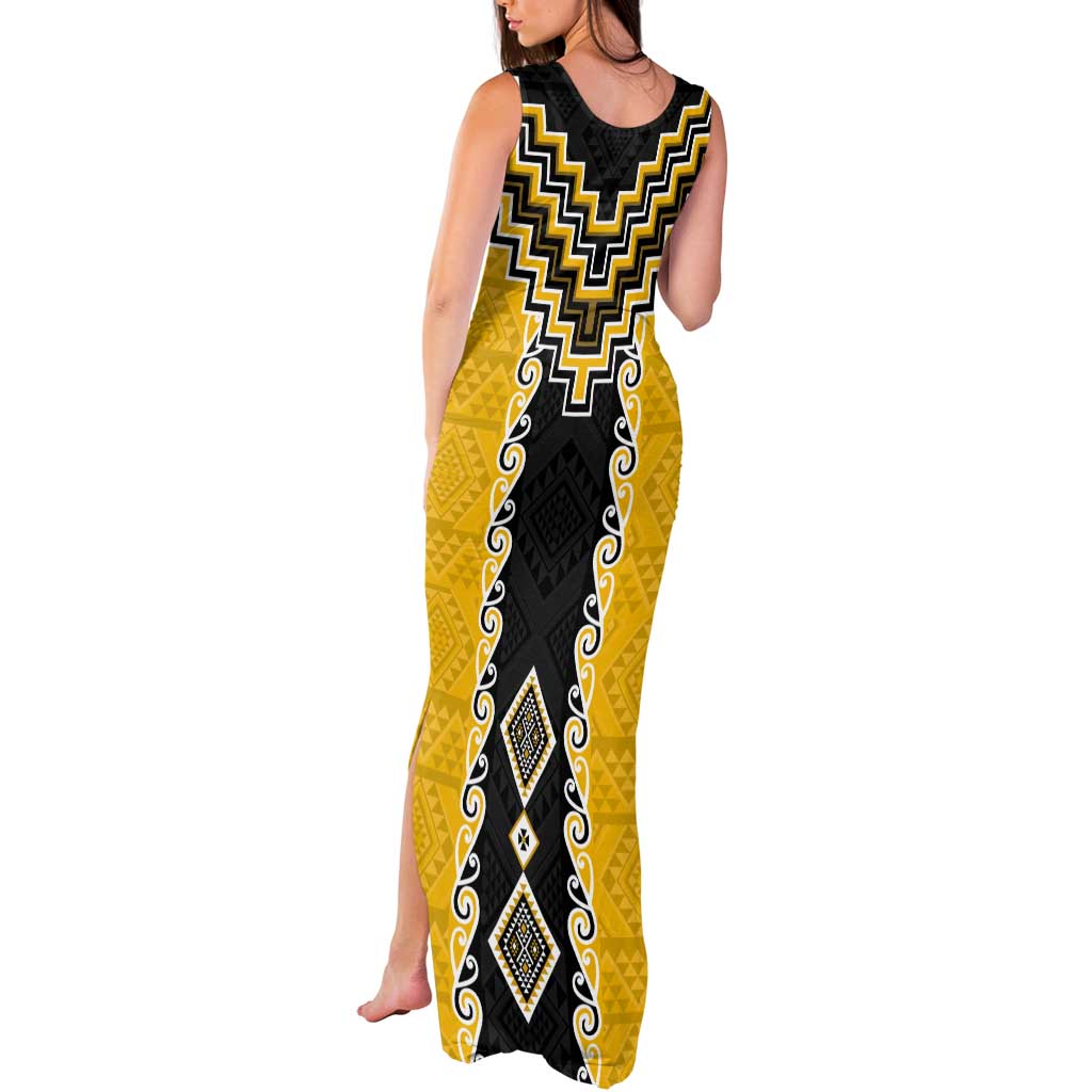 Yellow Niho Taniwha Mix Poutama Tank Maxi Dress Unique Taniko Aotearoa LT01 - Polynesian Pride