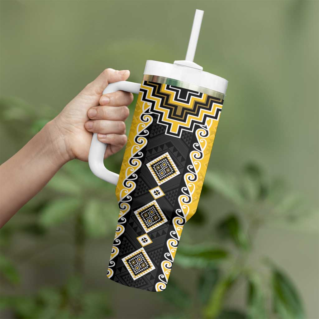 Yellow Niho Taniwha Mix Poutama Tumbler With Handle Unique Taniko Aotearoa LT01 - Polynesian Pride