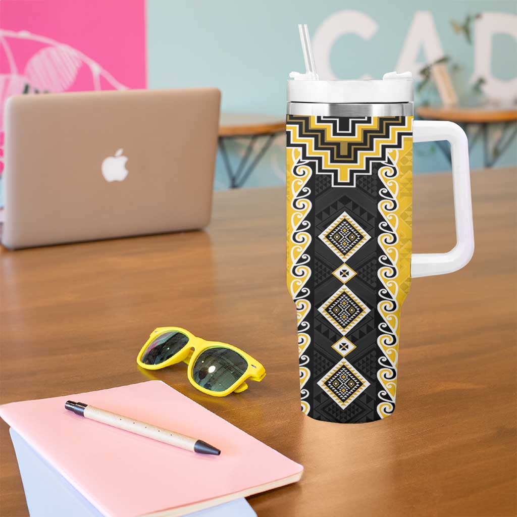 Yellow Niho Taniwha Mix Poutama Tumbler With Handle Unique Taniko Aotearoa LT01 - Polynesian Pride