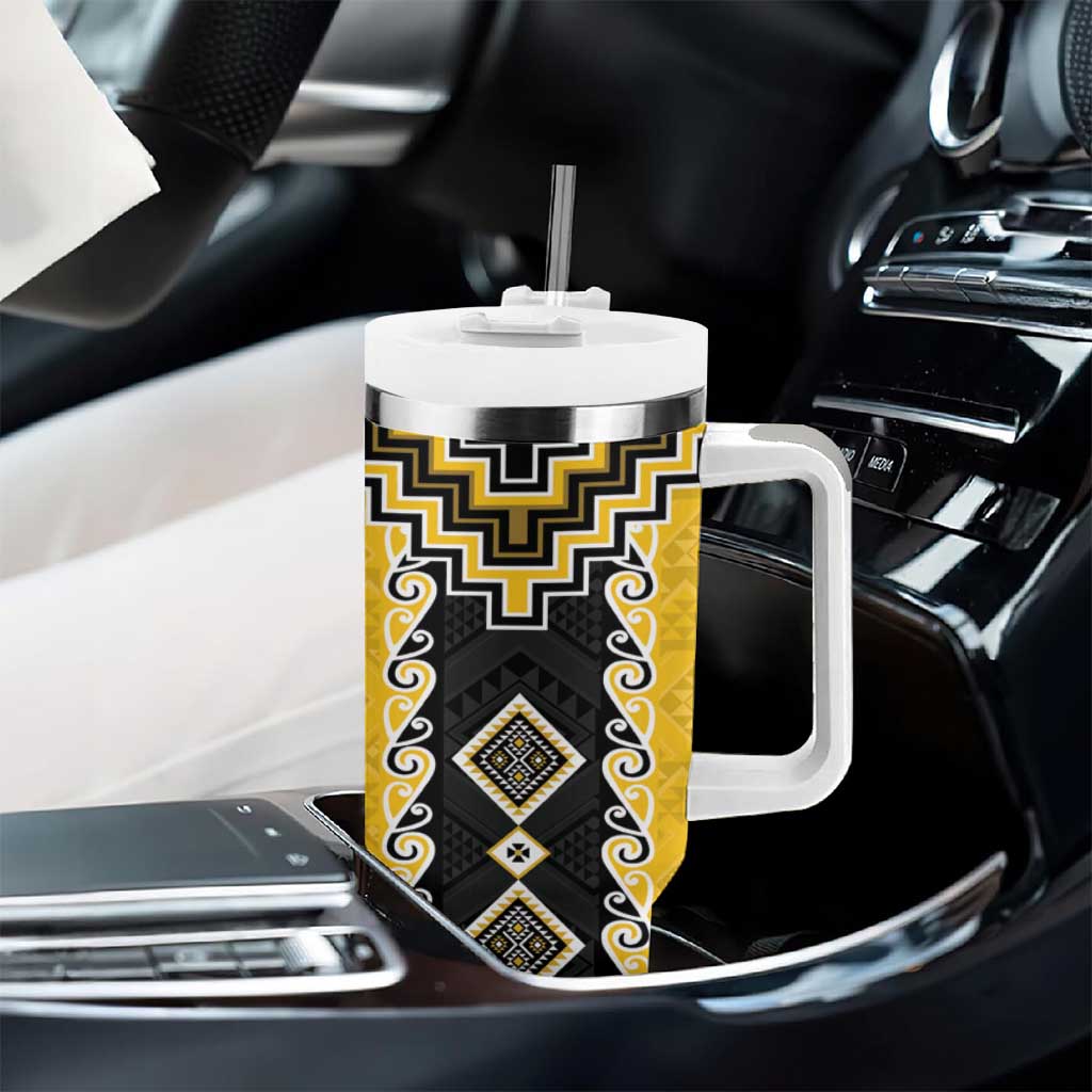 Yellow Niho Taniwha Mix Poutama Tumbler With Handle Unique Taniko Aotearoa LT01 - Polynesian Pride