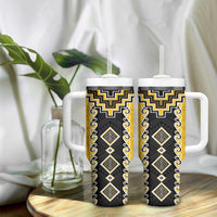 Yellow Niho Taniwha Mix Poutama Tumbler With Handle Unique Taniko Aotearoa LT01 - Polynesian Pride