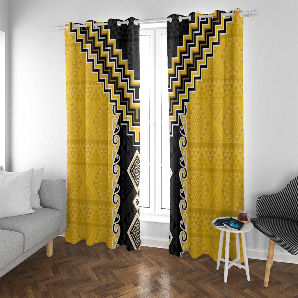 Yellow Niho Taniwha Mix Poutama Window Curtain Unique Taniko Aotearoa LT01 With Grommets Yellow - Polynesian Pride