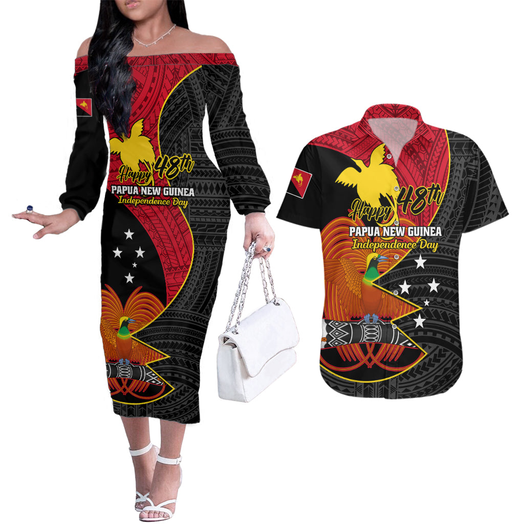 Papua New Guinea Independence Day Couples Matching Off The Shoulder Long Sleeve Dress and Hawaiian Shirt Happy PNG 48th Anniversary LT01 Black - Polynesian Pride