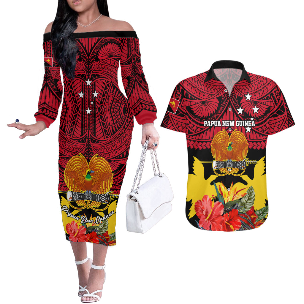 Papua New Guinea Couples Matching Off The Shoulder Long Sleeve Dress and Hawaiian Shirt Bird Of Paradise Mix Polynesian Pattern LT01 Red - Polynesian Pride