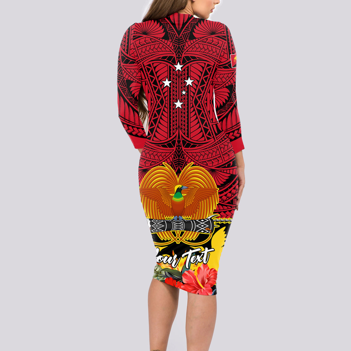 Personalised Papua New Guinea Long Sleeve Bodycon Dress Bird Of Paradise Mix Polynesian Pattern LT01 - Polynesian Pride