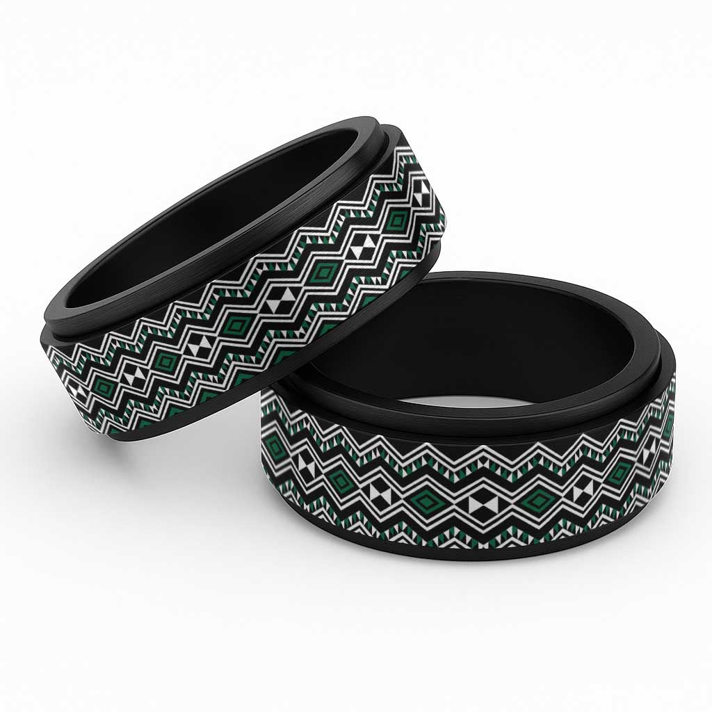 Aotearoa Green Taniko Pattern Special Spinner Ring LT01 Black Green - Polynesian Pride