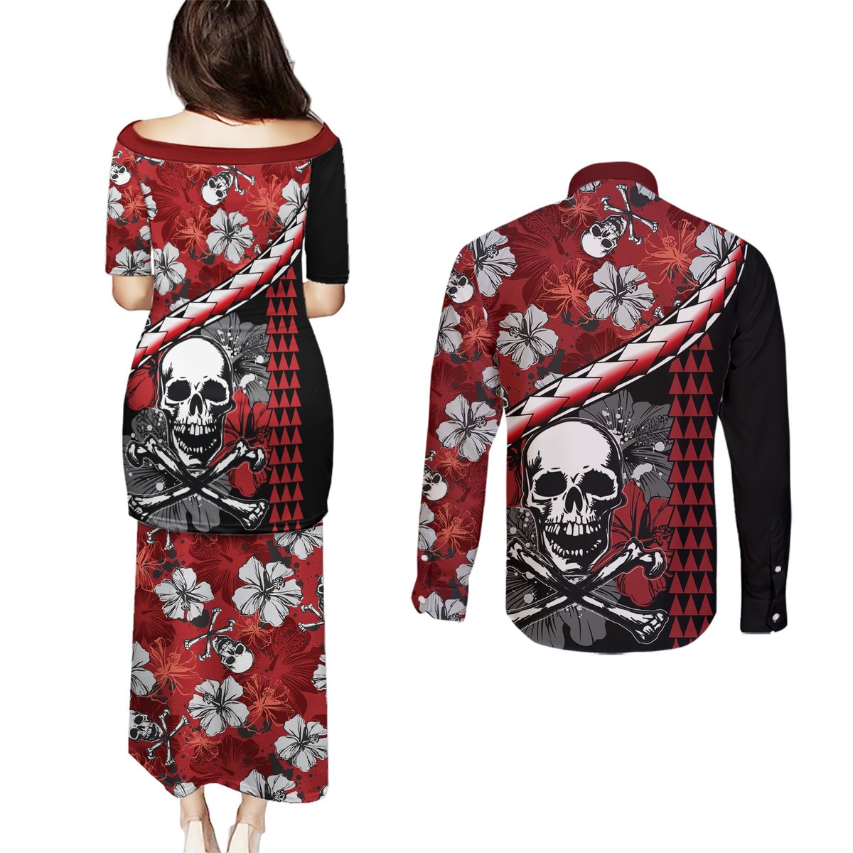 Hawaii Halloween Couples Matching Puletasi Dress and Long Sleeve Button Shirts Hibiscus Skull Kakau Pattern LT01 - Polynesian Pride