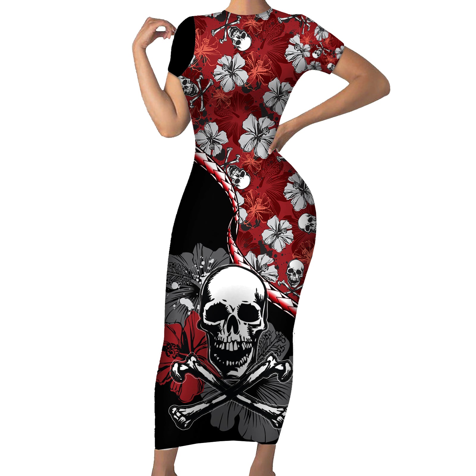 Hawaii Halloween Short Sleeve Bodycon Dress Hibiscus Skull Kakau Pattern LT01 Long Dress Red - Polynesian Pride
