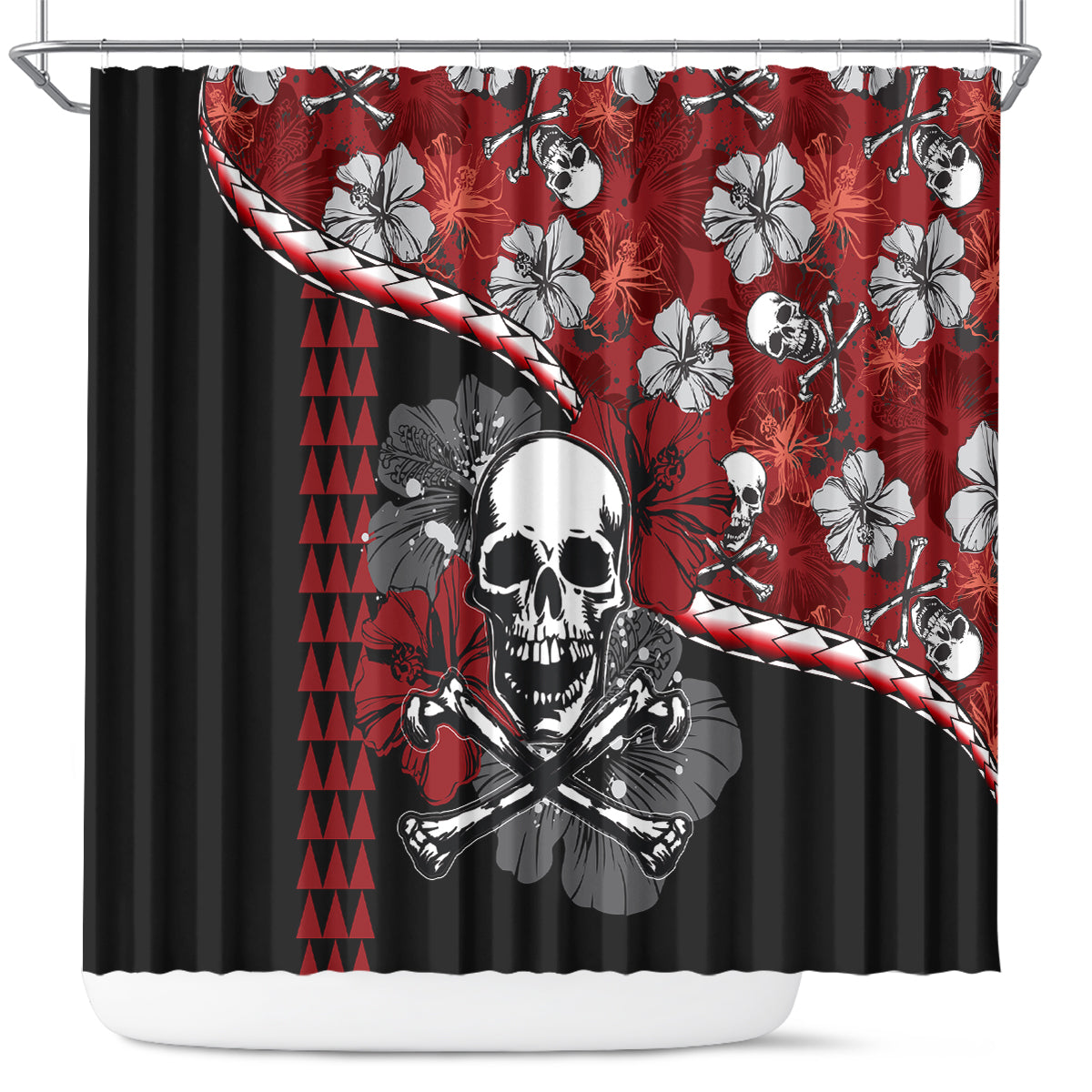 Hawaii Halloween Shower Curtain Hibiscus Skull Kakau Pattern LT01 Red - Polynesian Pride