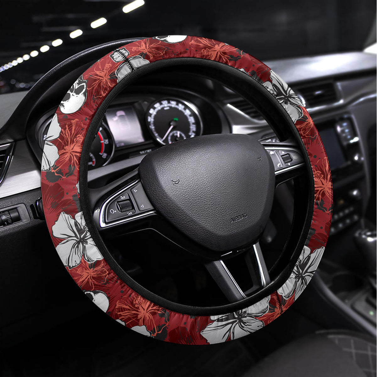 Hawaii Halloween Steering Wheel Cover Hibiscus Skull Kakau Pattern