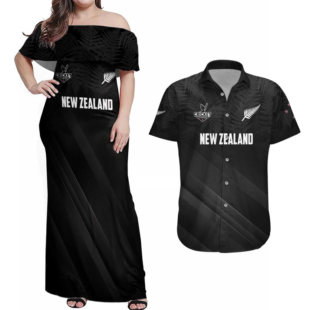 Custom New Zealand Cricket Couples Matching Off Shoulder Maxi Dress and Hawaiian Shirt Aotearoa Black Cap Come On